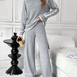 Grey Casual Women's Loose Contrast Color Knit Sweater Set